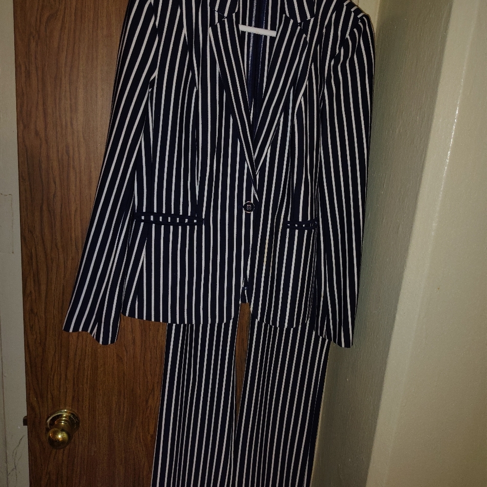 New York & Company Navy and White Striped Women's Suit